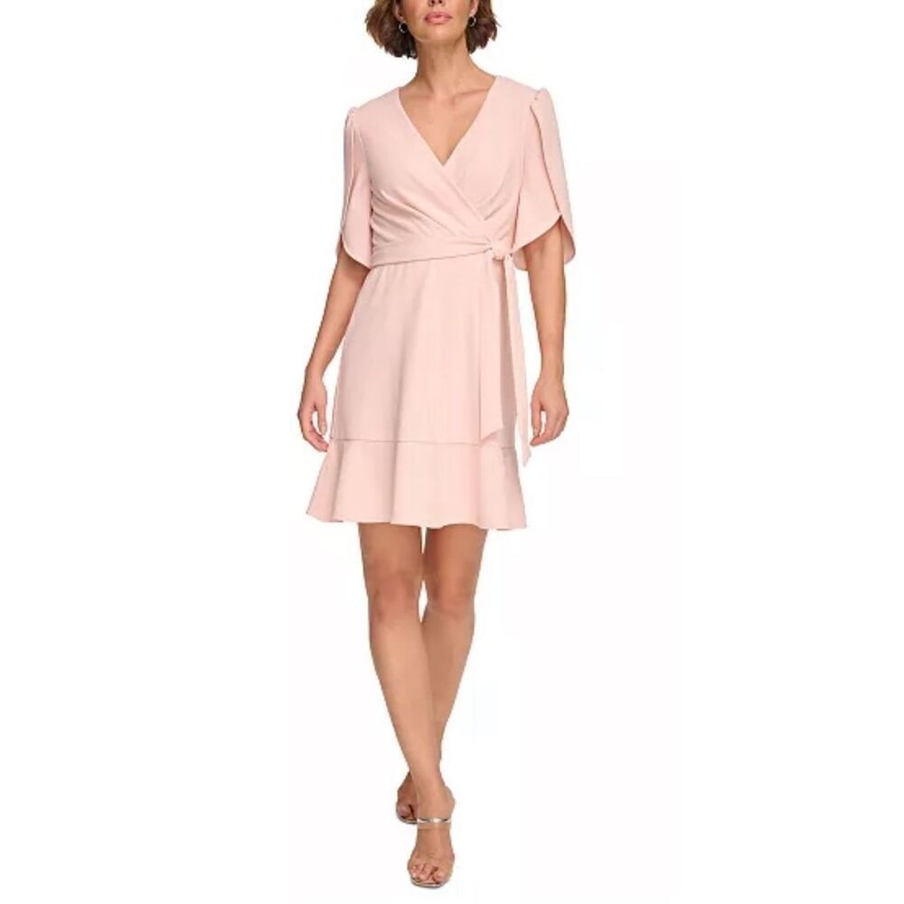DKNY Pink Tulip Sleeve Faux Wrap Ruffle Hem Dress Size‎ 6 NEW